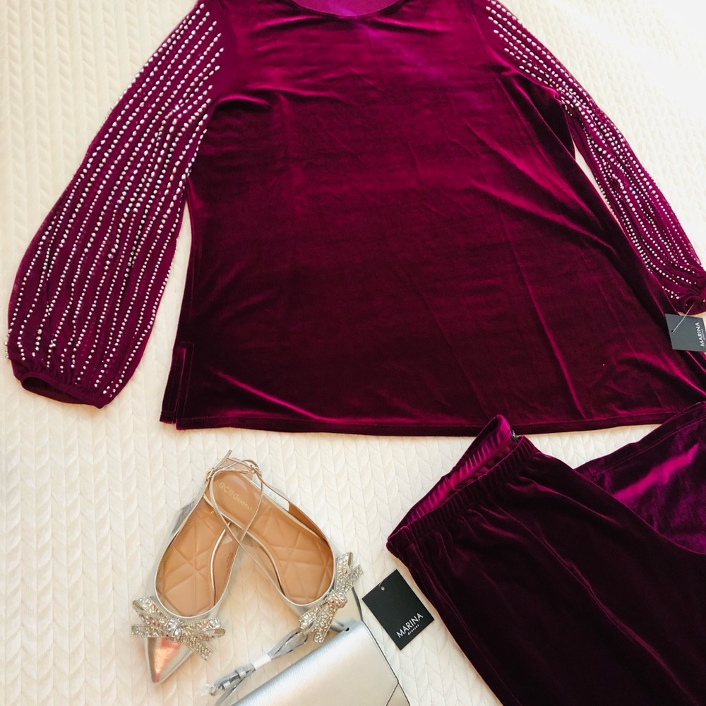 MARINA Deep Burgundy Velvet Ensemble top&pant set